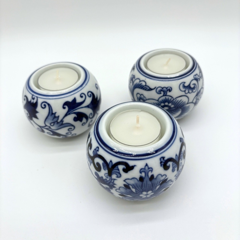 Blue White Floral Porcelain Tea Light Candle Holders Chinoiserie Votive Set of 3